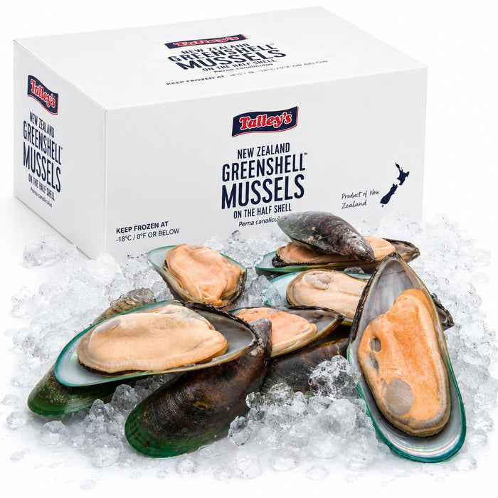 (1) 12kg box, Talleys Mussels, Half Shell, Medium IQF, free flow box (catering)