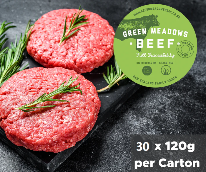 (1) Green Meadows, Angus Beef Burger Patties 120g x30, 3.6kg per box