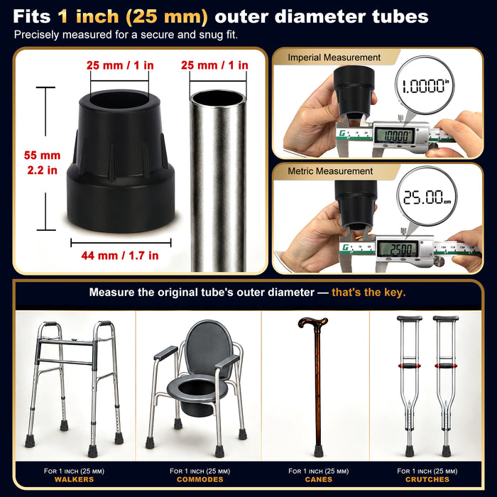 1 Inch Cane Tips 6 Pack Heavy Duty Rubber Replacement Crutch Tips for Walker Cane