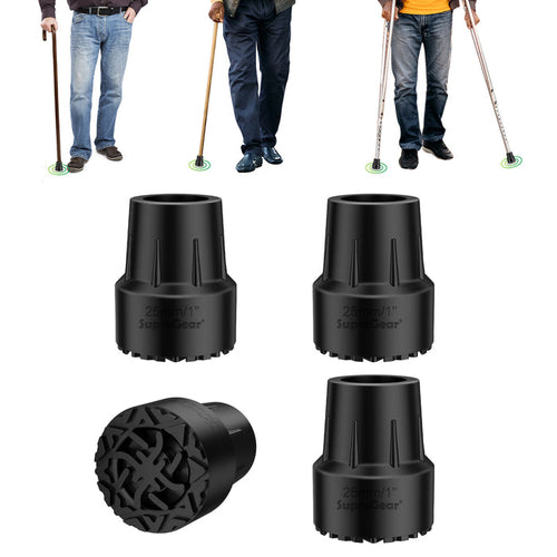 1-inch replacement cane tips made of durable anti-slip rubber with a reinforced metal insert, compatible with most standard canes.
