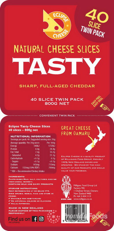 (1) Milligans NZ Tasty Cheddar Slice Cheese 800g