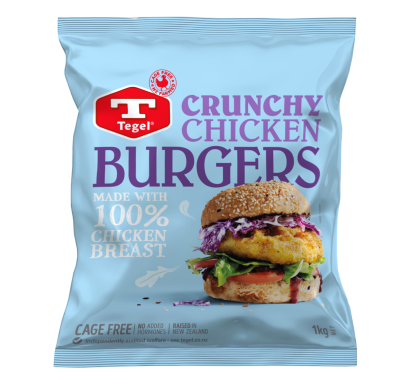 (1) Tegel Free Range Crunchy Chicken Burger Patties 1kg,  average 10pc