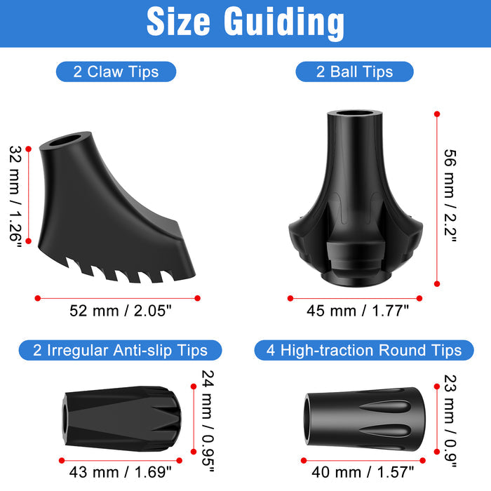 10-Pack 11mm Trekking Pole Tips Set with Claw, Ball and Anti-Slip Rubber Ends for Hiking and Walking