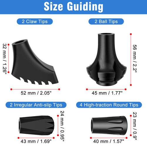 10-Pack 11mm Trekking Pole Tips Set with Claw, Ball and Anti-Slip Rubber Ends for Hiking and Walking