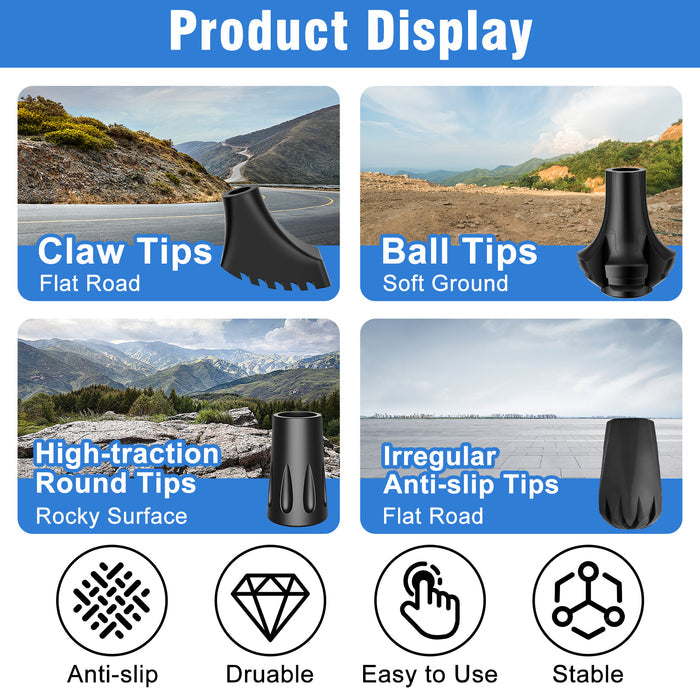 10-Pack 11mm Trekking Pole Tips Set with Claw, Ball and Anti-Slip Rubber Ends for Hiking and Walking