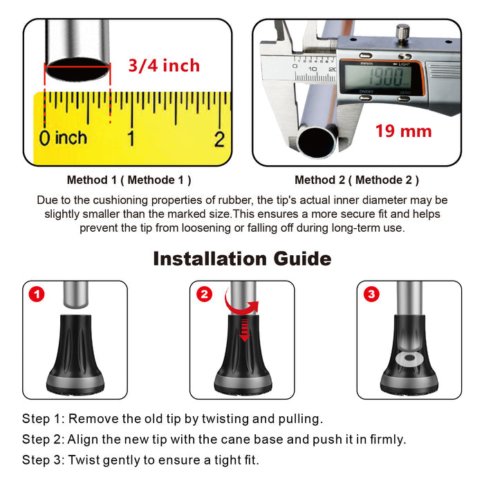 3/4 Inch Cane Tips Replacement Heavy Duty Rubber Anti Slip All Terrain 2 Pack