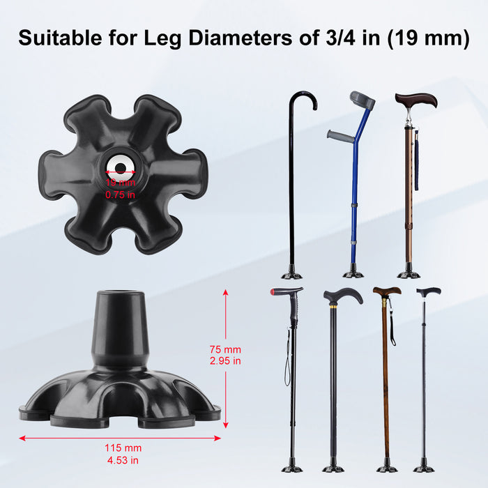 3/4 Inch Self Standing Cane Tip 6 Prong Heavy Duty Rubber Anti Slip Replacement Tip