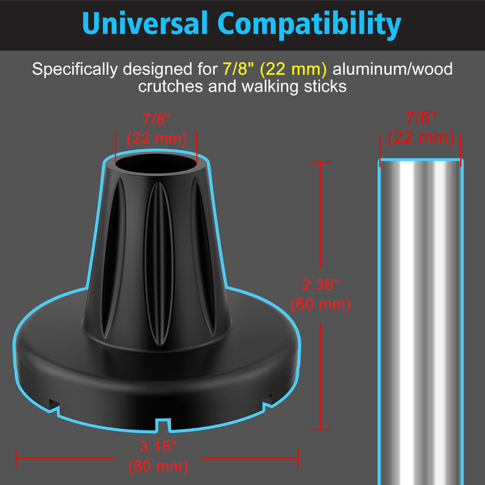 7/8" Heavy-Duty Cane Tips 2-Pack, Anti-Slip Rubber Replacement Tips with Steel Core
