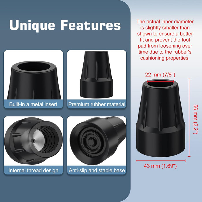 7/8 Inch Cane Tips Replacement Heavy Duty Rubber Anti Slip Crutch Tips 4 Pack