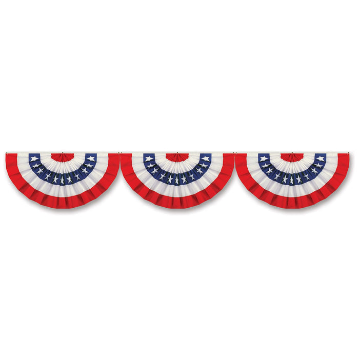 Three red, white, and blue fan-shaped bunting flags on a white background