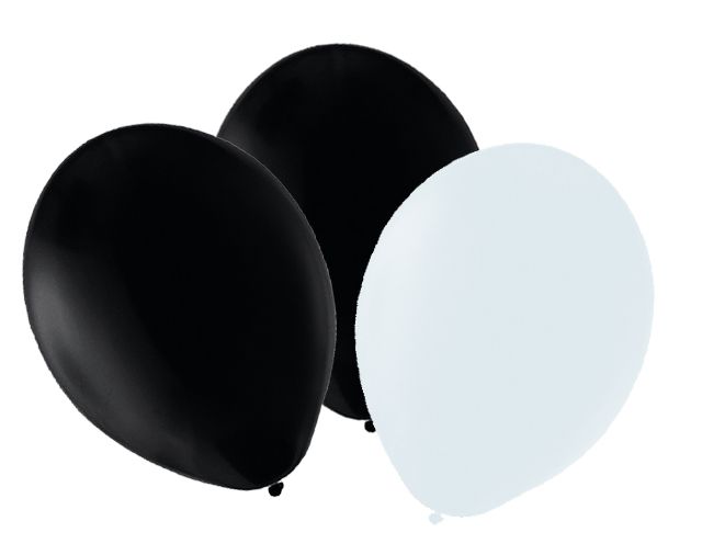 A set of black and white latex balloons, with a focus on two balloons - one black and one white.