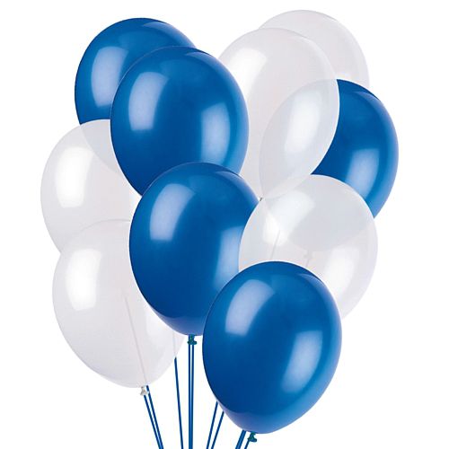 A bunch of blue and white latex balloons tied together.