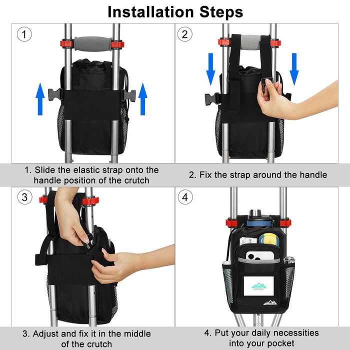 Crutch Bag Waterproof Organizer Pouch with Multiple Pockets & Reflective Strips