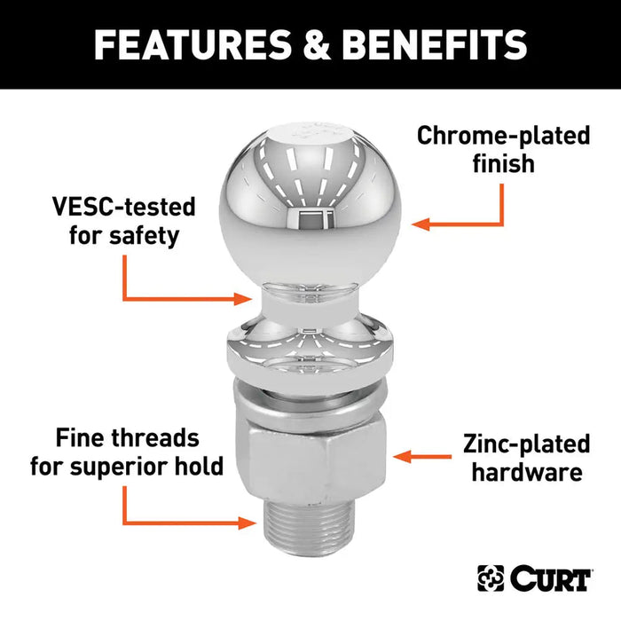 Curt 2" Trailer Ball (1" x 3" Shank, 6,000 lbs., Chrome, Packaged)