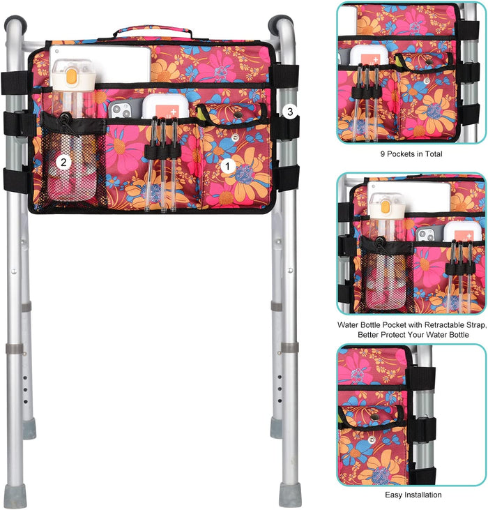 Double Side Walker Bag with 9 Pockets for Walkers Rollators Wheelchairs
