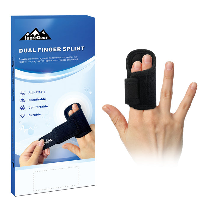 Dual Finger Splint Brace with Adjustable Aluminum Support, Breathable Finger Support for Sprains, Tendonitis and Injuries