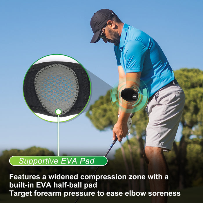 Elbow brace with adjustable straps and compression pad for forearm support.