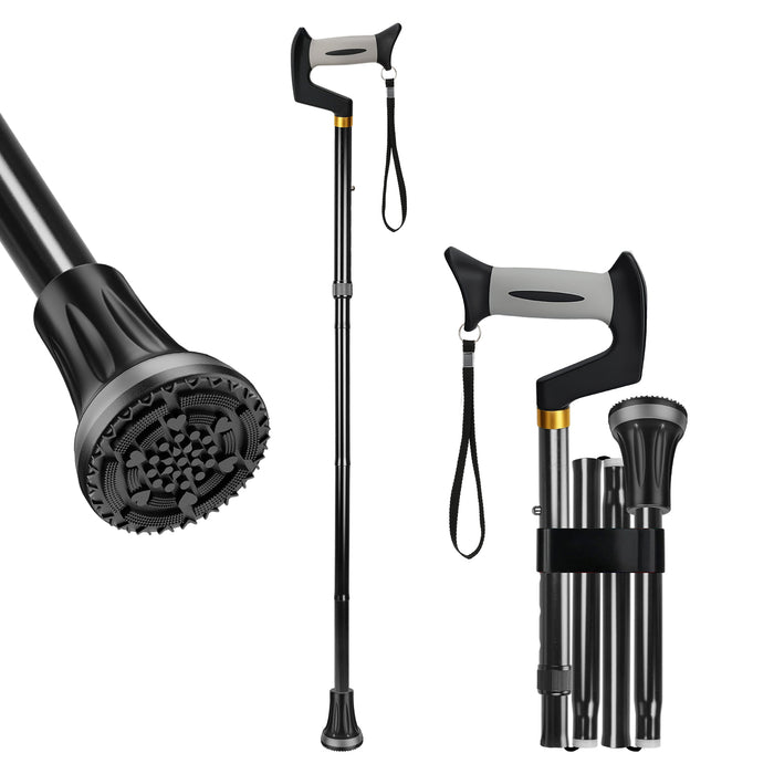 Foldable Adjustable Walking Cane with Offset Ergonomic Handle, All-Terrain Rubber Tip and Height Adjustment for Seniors