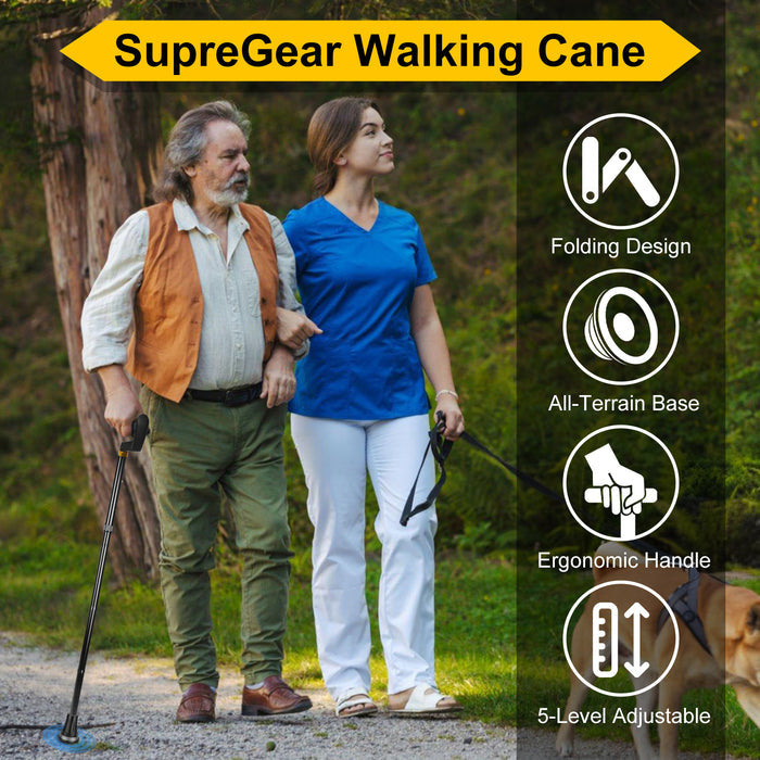 Foldable Adjustable Walking Cane with Offset Ergonomic Handle, All-Terrain Rubber Tip and Height Adjustment for Seniors