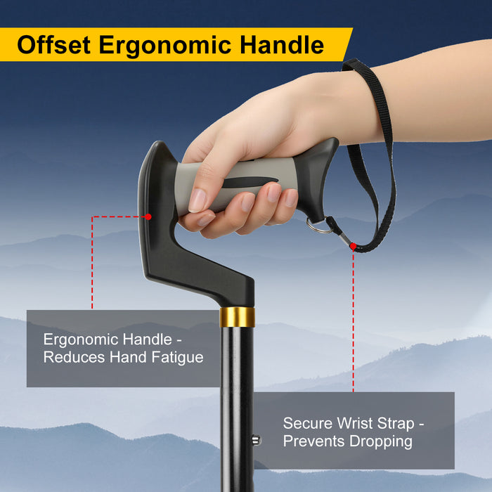 Foldable Adjustable Walking Cane with Offset Ergonomic Handle, All-Terrain Rubber Tip and Height Adjustment for Seniors