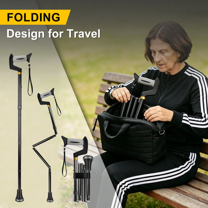 Foldable Adjustable Walking Cane with Offset Ergonomic Handle, All-Terrain Rubber Tip and Height Adjustment for Seniors