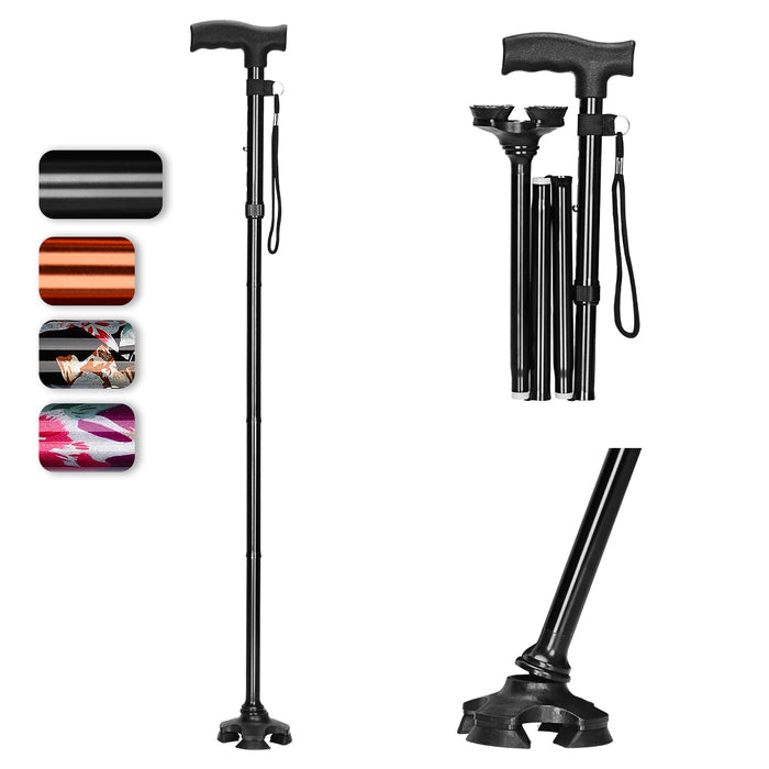 Foldable Adjustable Walking Cane with Swivel Base T-Handle Support