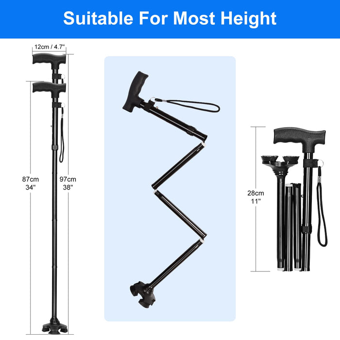 Foldable Adjustable Walking Cane with Swivel Base T-Handle Support