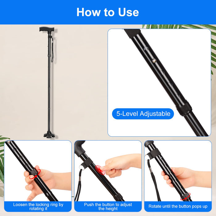 Foldable Adjustable Walking Cane with Swivel Base T-Handle Support