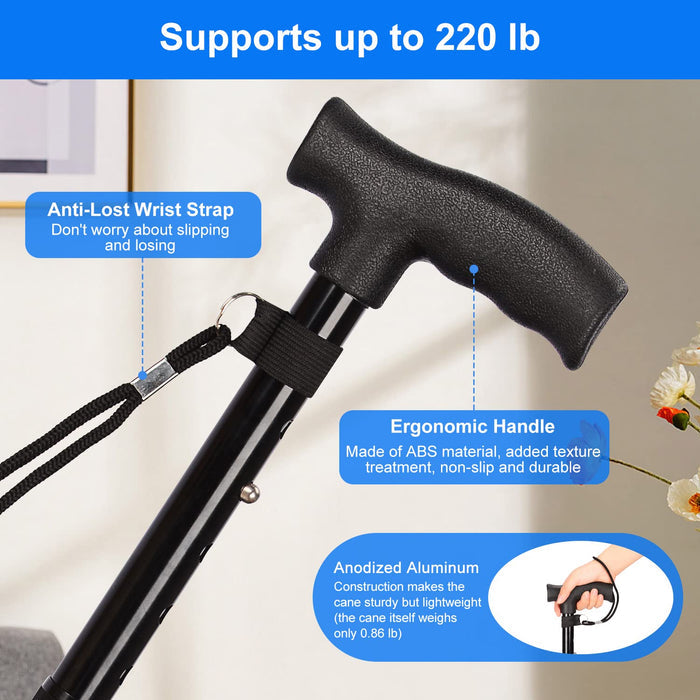 Foldable Adjustable Walking Cane with Swivel Base T-Handle Support