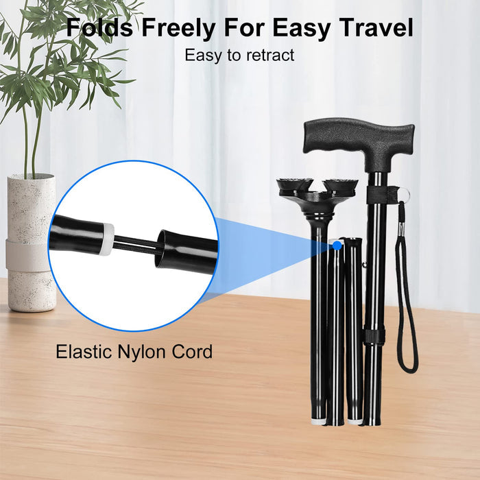 Foldable Adjustable Walking Cane with Swivel Base T-Handle Support
