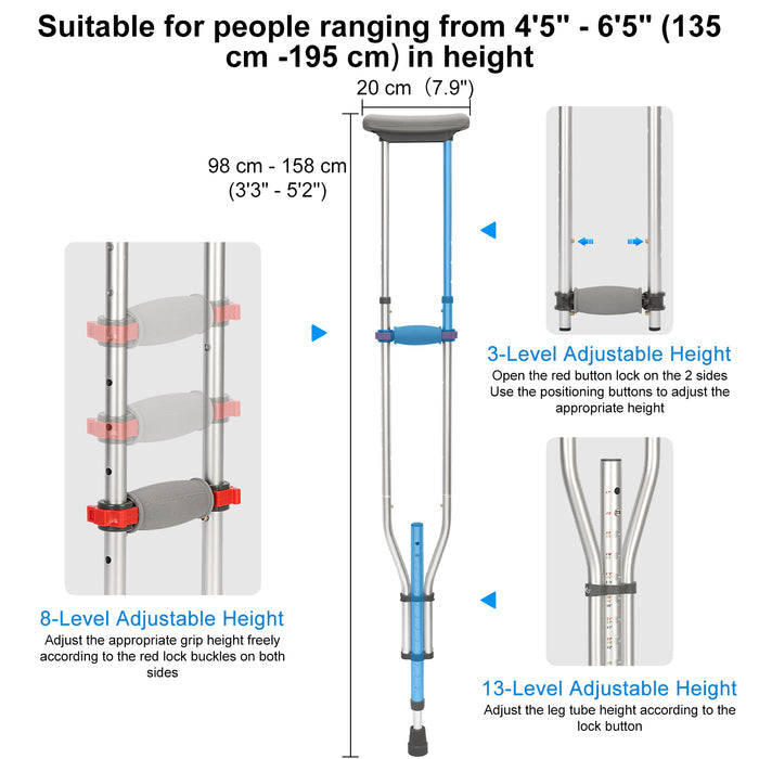 Foldable Underarm Crutches Adjustable Aluminum Mobility Aid Pair