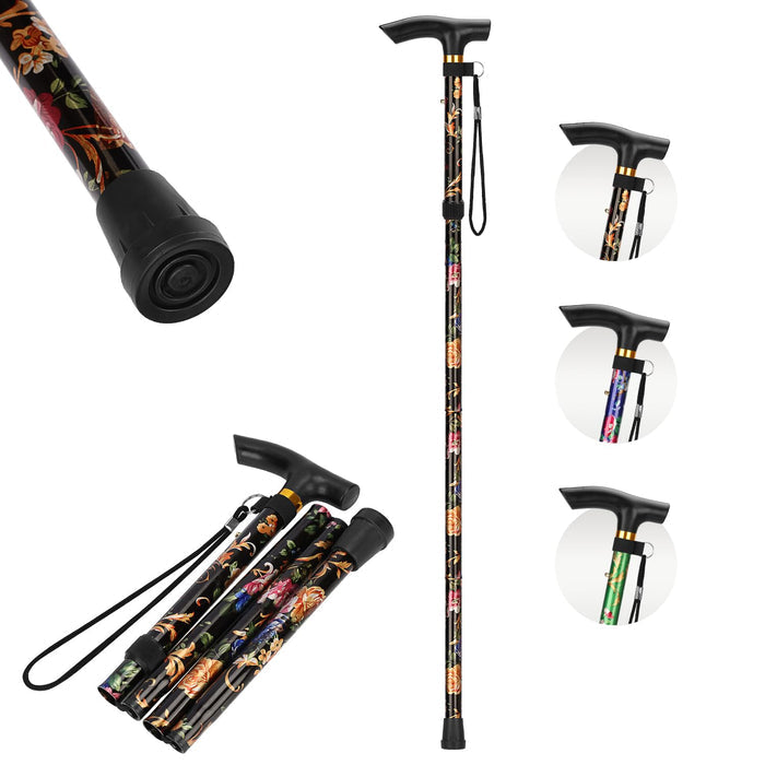 Folding Cane with Floral Design Adjustable Lightweight Walking Cane