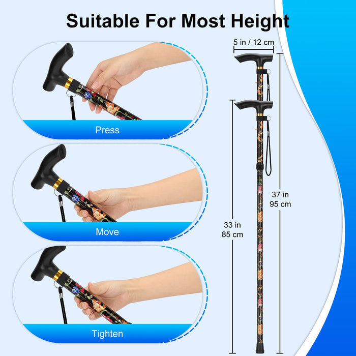 Folding Cane with Floral Design Adjustable Lightweight Walking Cane
