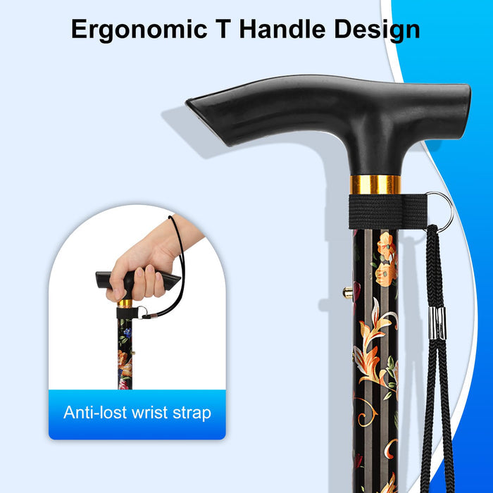 Folding Cane with Floral Design Adjustable Lightweight Walking Cane
