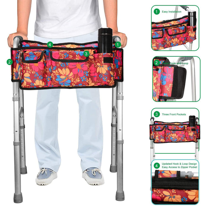 Folding Walker Basket Organizer with Pockets for Rollators Wheelchairs