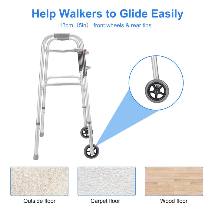 Folding Walker with Wheels Adjustable Lightweight Mobility Aid for Seniors