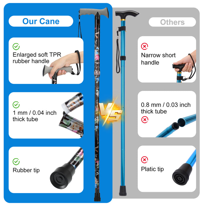 Folding Walking Cane, Adjustable Height, Lightweight Floral Cane