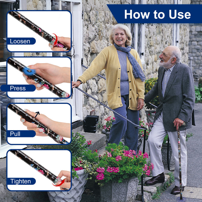 Folding Walking Cane, Adjustable Height, Lightweight Floral Cane