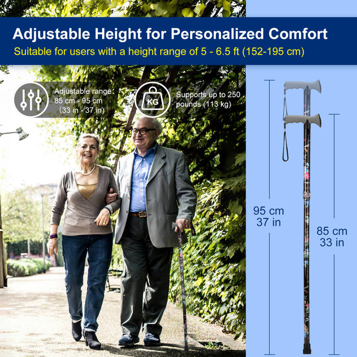 Folding Walking Cane, Adjustable Height, Lightweight Floral Cane