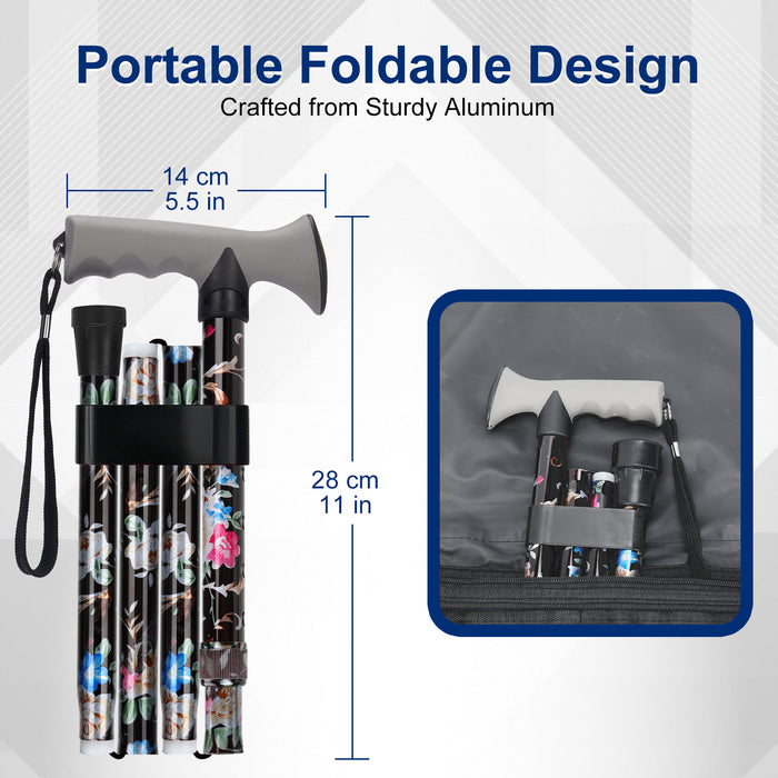 Folding Walking Cane, Adjustable Height, Lightweight Floral Cane