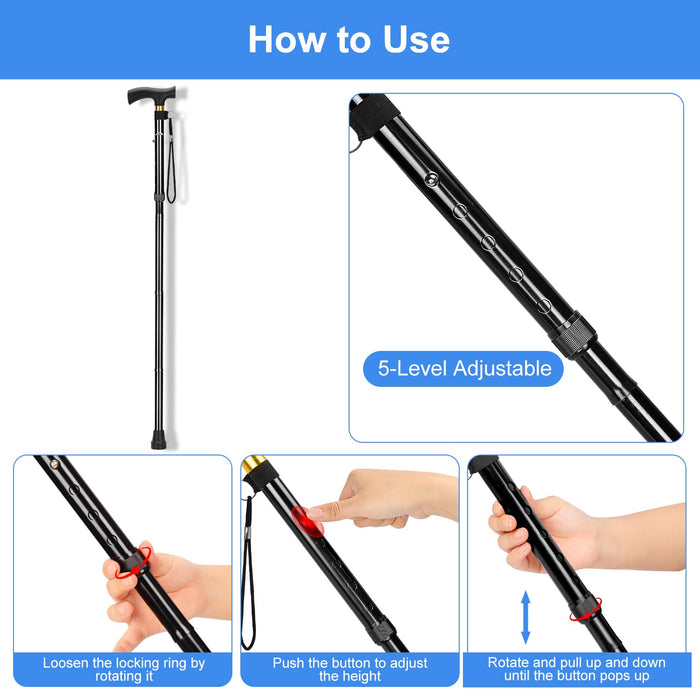 Folding Walking Cane with T-Handle, Adjustable Aluminum Mobility