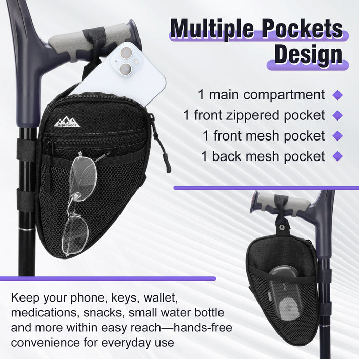 Forearm Crutch Bag Organizer with Cup Holder, Compact Storage Pouch for Phone, Keys and Essentials