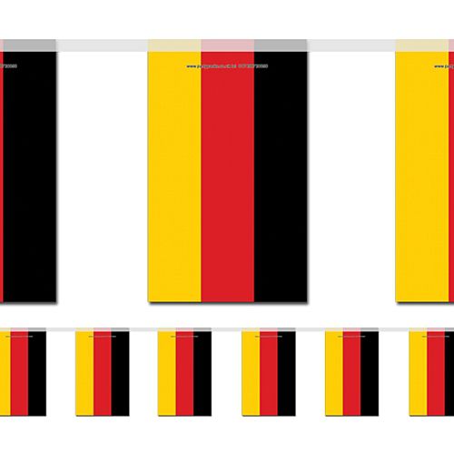 A string of triangular bunting flags with horizontal black, red, and yellow stripes, indicative of the German flag.