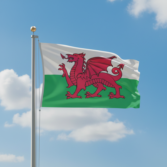 Welsh Flag on Pole Against Blue Sky