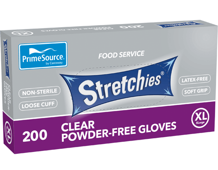 Glove Plastic Clear 'Stretchies' (XL)Powder Free. 200 Gloves, Castaway