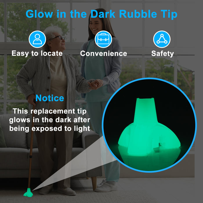 Glow-in-the-Dark 3-Prong Cane Tip, Non-Slip Rubber Base for 3/4 Canes