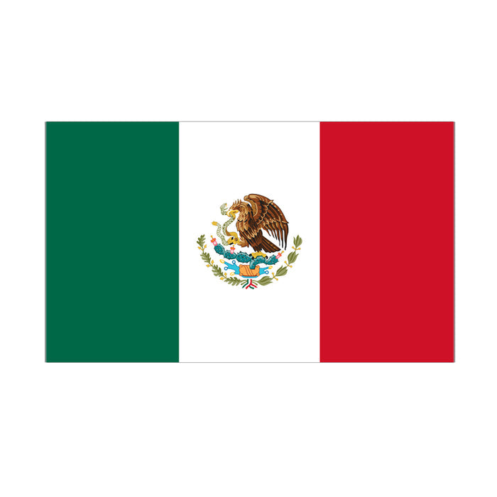 A graphic representation of the Mexican flag with a green, white, and red vertical design featuring the national coat of arms.