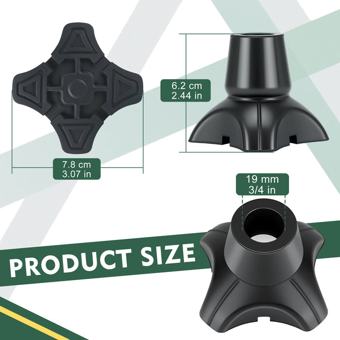 Quad Cane Tips 2-Pack, Non-Slip 4-Prong Rubber Replacement Feet with Metal Insert for Walking Canes and Mobility Support