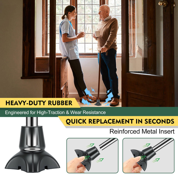 Quad Cane Tips 2-Pack, Non-Slip 4-Prong Rubber Replacement Feet with Metal Insert for Walking Canes and Mobility Support