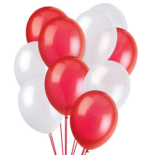 A bundle of red and white latex balloons tied together.